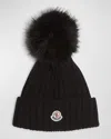 Moncler Ribbed Knit Wool Beanie With Faux Fur Pom-pom In Black