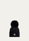 Moncler Ribbed Wool Beanie With Faux Fur Pom In Black
