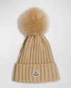 Moncler Ribbed Wool Beanie With Faux Fur Pom In Medium Beige