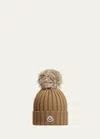 Moncler Ribbed Wool Beanie With Faux Fur Pom In Medium Beige