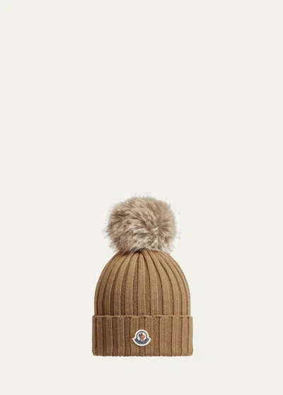 Moncler Ribbed Wool Beanie With Faux Fur Pom In Medium Beige