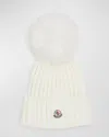 Moncler Ribbed Wool Beanie With Faux Fur Pom In Natural