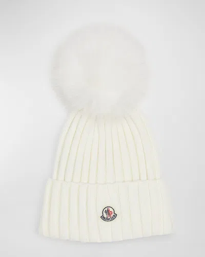 Moncler Ribbed Wool Beanie With Faux Fur Pom In White