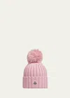 Moncler Ribbed Wool Beanie With Faux Fur Pom In Pastel Pink