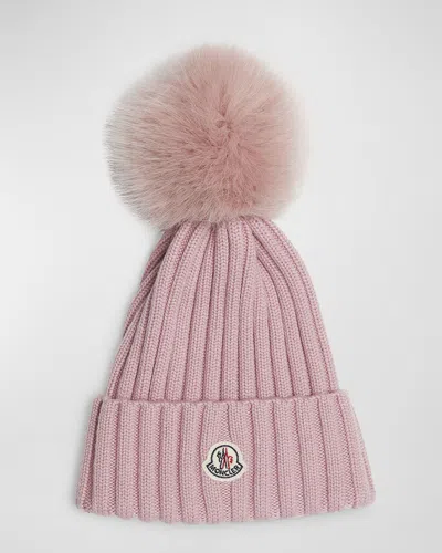 Moncler Ribbed Wool Beanie With Faux Fur Pom In Purple
