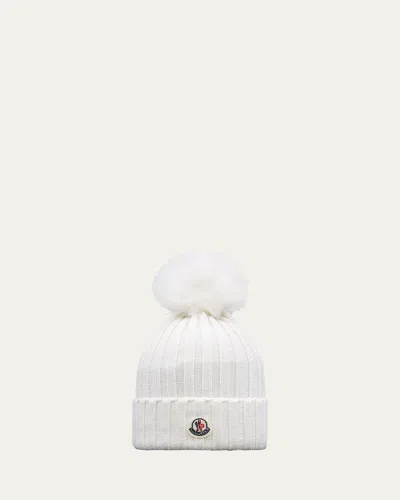 Moncler Ribbed Wool Beanie With Faux Fur Pom In White