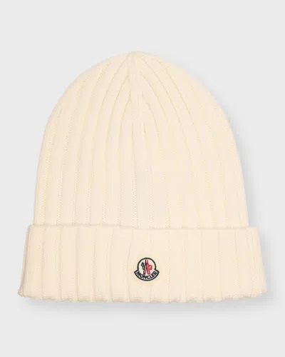 Moncler Ribbed Wool Beanie With Logo Patch In Gray