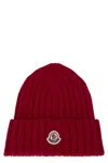 Moncler Cable-knit Wool Beanie With Logo In Burgundy In Burgundy