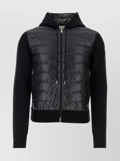 Moncler Ribbed Wool Blend Cardigan With High Collar In Black