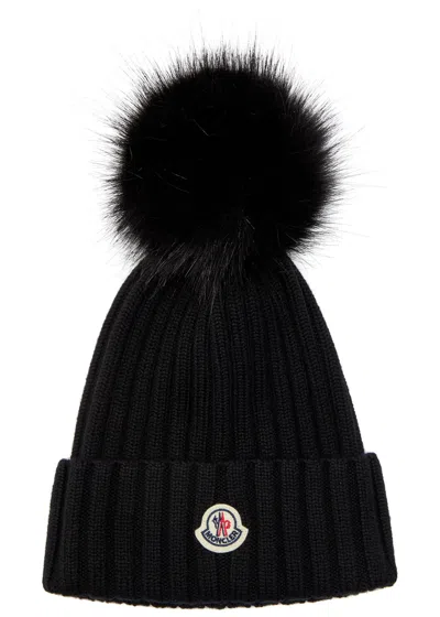 Moncler Ribbed Wool Bobble Hat In Black