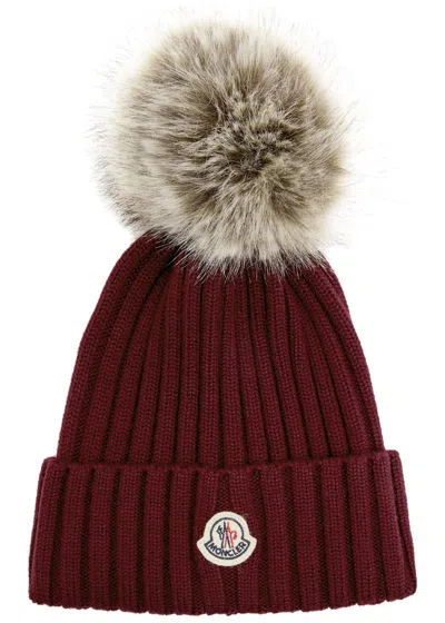 Moncler Ribbed Wool Bobble Hat In Red