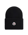 Moncler Ribbed Wool Cap With Logo Detail In Black