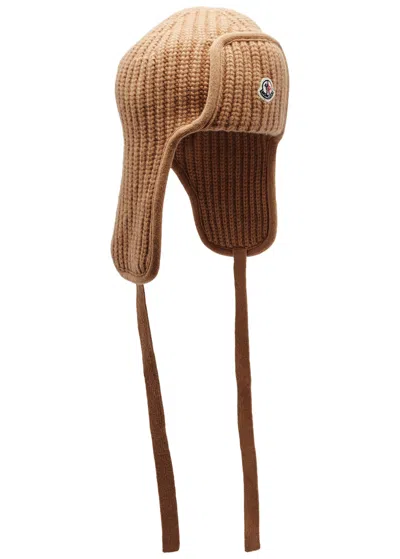 Moncler Ribbed Wool Hat In Camel