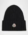 Moncler Logo Patch Cuff Virgin Wool Rib Beanie In Black