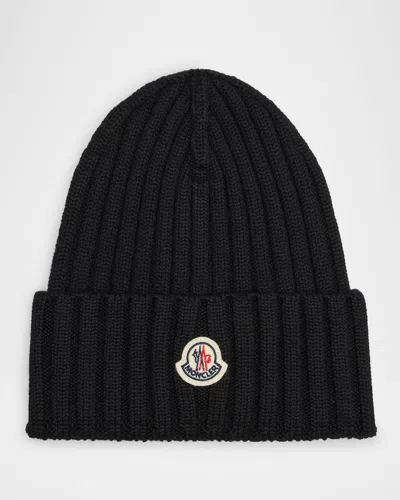 Moncler Ribbed Wool Logo Beanie In Black