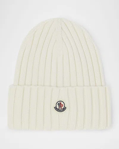 Moncler Ribbed Wool Logo Beanie In White