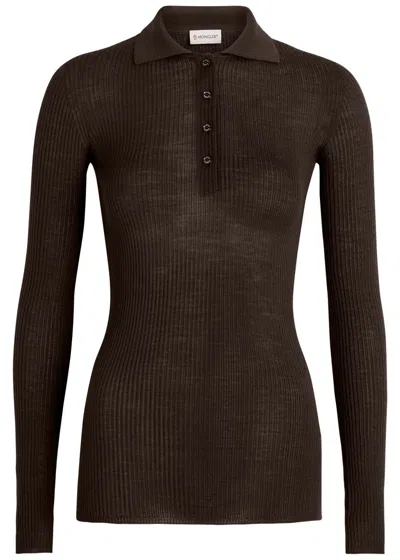 Moncler Ribbed Wool Polo Top In Brown