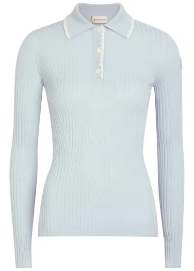Moncler Ribbed Wool Polo Top In Blue