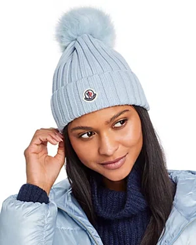 Moncler Ribbed Wool Pom-pom Beanie In Pastel Blue