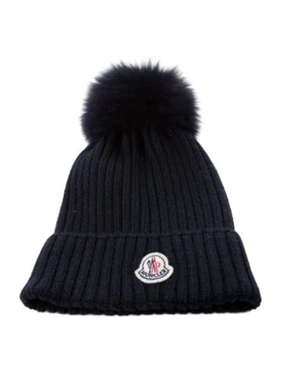 Pre-owned Moncler Ribbed Wool Pom-pom Hat In Blue