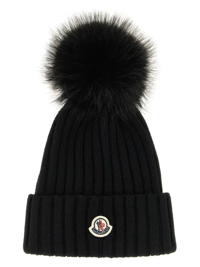 Moncler Ribbed Wool With Fur Pompom Beanie In Black