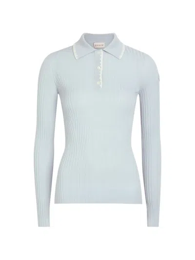 Moncler Ribbed-knit Embroidered-trim Polo-shirt In Blue