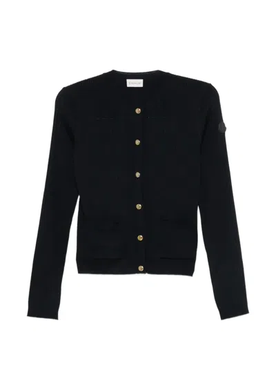 Moncler Ribbed-knit Logo-patch Cardigan In Black