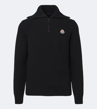 Moncler Ribbed-knit Virgin Wool Half-zip Sweater In Black