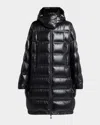 Moncler Rochelairs Hooded Long Down Jacket In Black