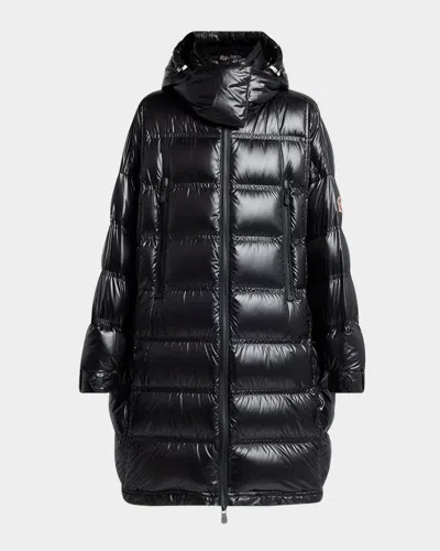 Moncler Rochelairs Hooded Long Down Jacket In Black