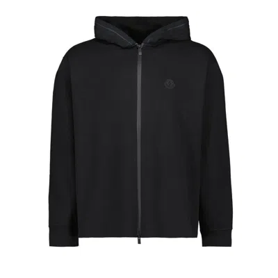Moncler Rubberised Logo Patch Hooed Cardigan In Black