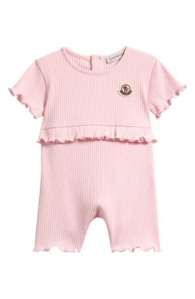 Moncler Kids'  Ruffle Trim Rib Cotton Romper In Pink
