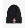 Moncler S Black Logo-embroidered Ribbed Virgin-wool Beanie Hat In Black