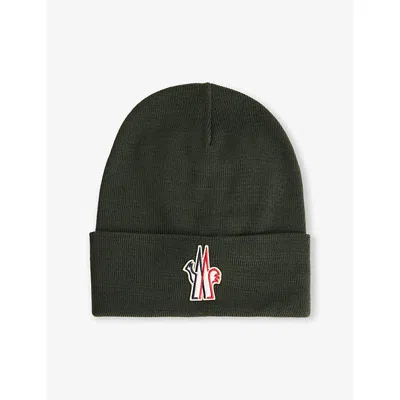 MONCLER S OLIVE LOGO-EMBROIDERED VIRGIN-WOOL BEANIE HAT