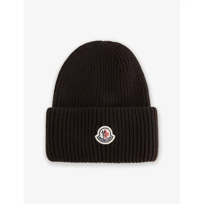 Moncler Mens Brown Brand-appliqué Ribbed Wool And Cashmere-blend Beanie In Black