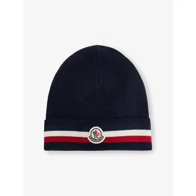 MONCLER MENS NAVY BRAND-APPLIQUÉ RIBBED WOOL BEANIE