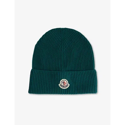 Moncler Mens Brand-patch Ribbed-knit Cotton Beanie Hat Green