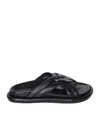 Moncler Bell Crossover-strap Leather Slides In Black