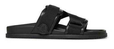 Moncler Black Leather And Fabric Sandals In Animal Print
