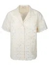 Moncler Short-sleeve Cotton Blend Shirt With Embroidered Design In Neutral