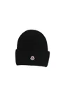 Moncler Ribbed Knit Carded Wool Beanie With Felt Logo Patch In Black