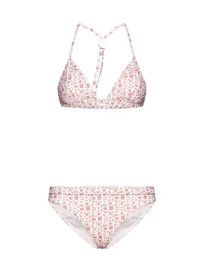 Moncler All-over Logo Printed Triangle Bikini With Adjustable Should In Pink