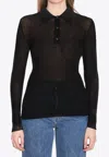 Moncler Sheer Ribbed Cotton Long-sleeve Polo In Black