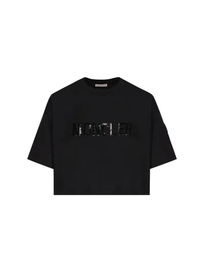 Moncler Sequin Logo Crewneck Cropped T In Nero