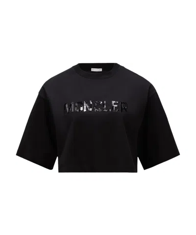 Moncler Sequin-logo Cropped T-shirt In Black