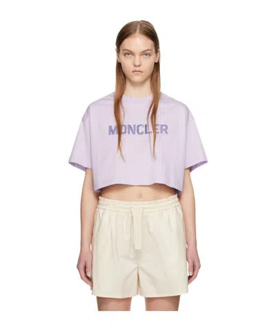 Moncler Sequin-logo Cropped T-shirt In Purple
