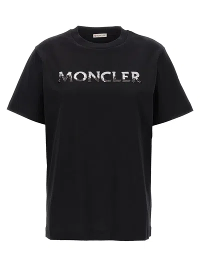 Moncler Sequin Logo T-shirt In Black