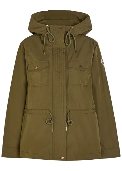 Moncler Serin Hooded Drawstring Waxed Poplin Parka Jacket In Green