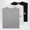 Moncler Set Of Three Cotton T-shirts With Logo Patch In Multi
