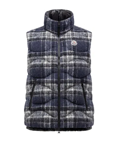 Moncler Sfakia Geometric-quilted Wool Down Vest In Blue